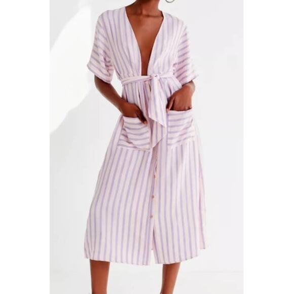 Love + Harmony Women's Midi Dress Size Medium Pink Purple Striped Deep V Neck - Picture 2 of 11